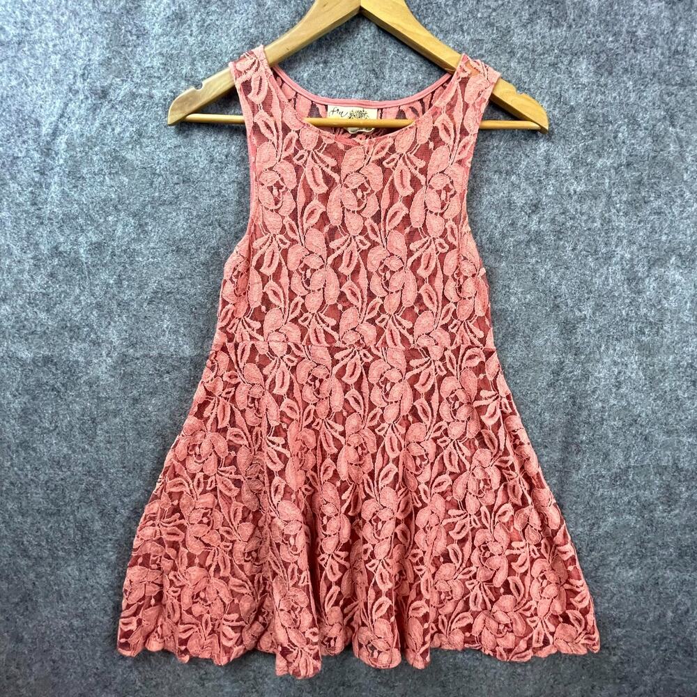 Free People Dress Womens XS Coral Peachy Lace Sheer Flirty Girly Pretty Flowy